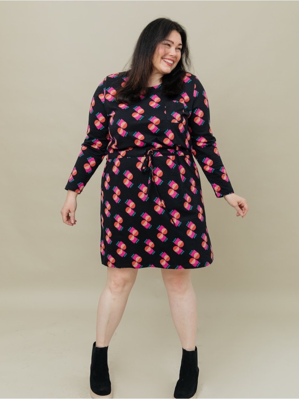 Mata Traders Black Midi Dress with Funky Geometric Print